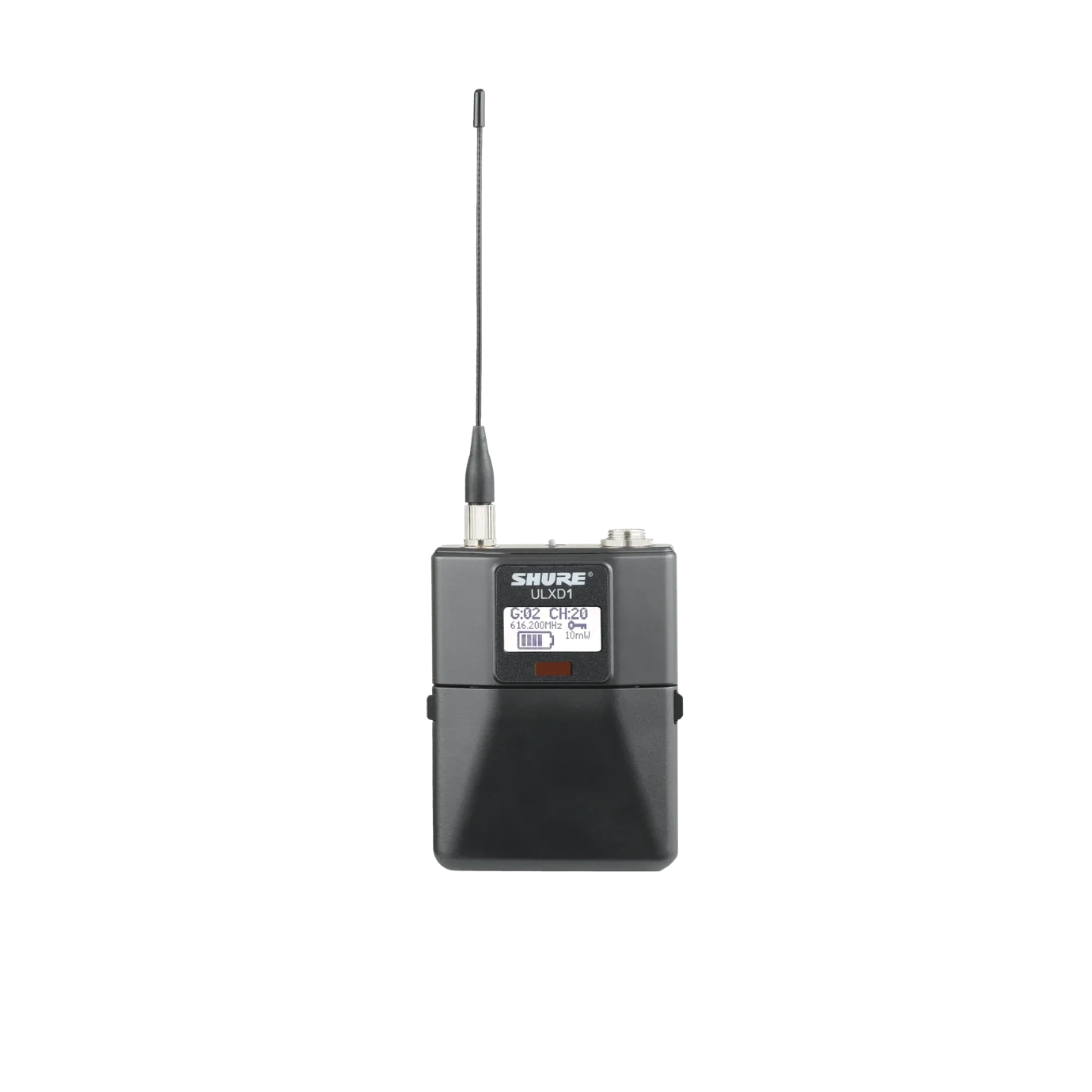 Shure ULXD1 Digital Bodypack Transmitter Front View Shure ULXD1 digital bodypack transmitter with LCD display and control buttons, X52 frequency band