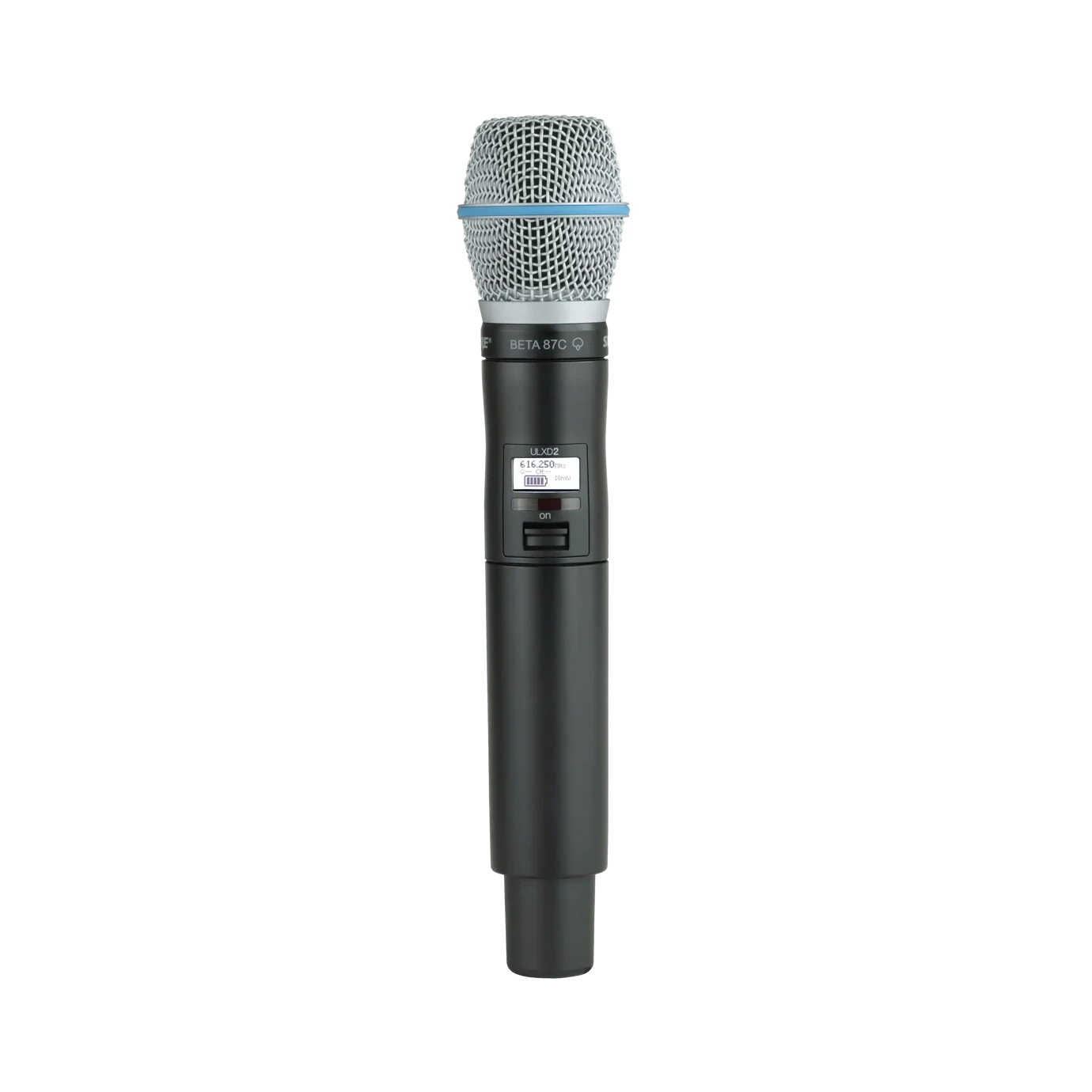 Shure ULXD2 B87C Digital Handheld Wireless Microphone Transmitter Shure ULXD2 B87C digital handheld wireless microphone transmitter with Beta 87C capsule, front view