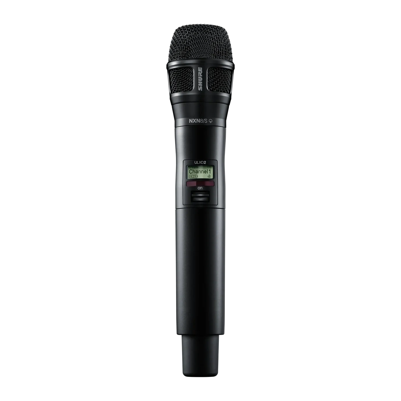 Shure ULXD2 Digital Handheld Transmitter Microphone Shure ULXD2/N8S digital handheld wireless microphone transmitter with Nexadyne 8/S capsule front view