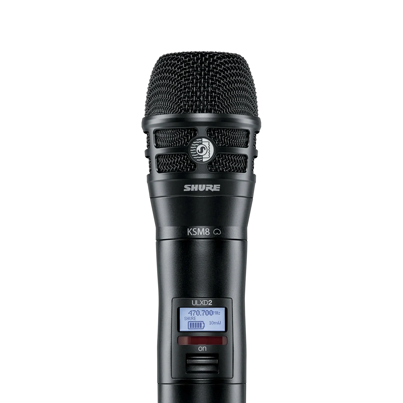 Shure ULXD2/K8 Digital Handheld Wireless Microphone Transmitter Shure ULXD2/K8 digital handheld wireless microphone transmitter with KSM8 capsule, front view