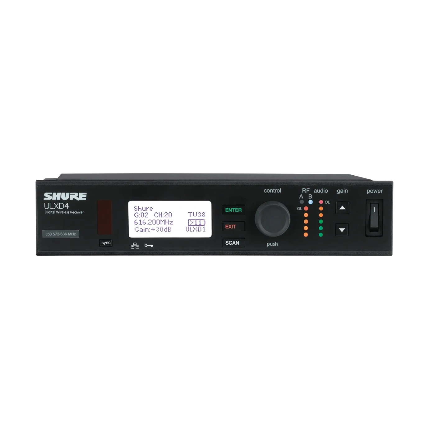 Shure ULXD4 Digital Wireless Receiver Front Panel Shure ULXD4 digital wireless receiver with LCD display and control buttons, G50 frequency band