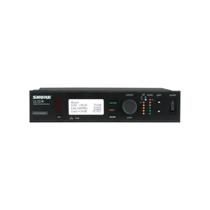 Shure ULXD4-GV digital wireless receiver with dual-channel display and frequency controls