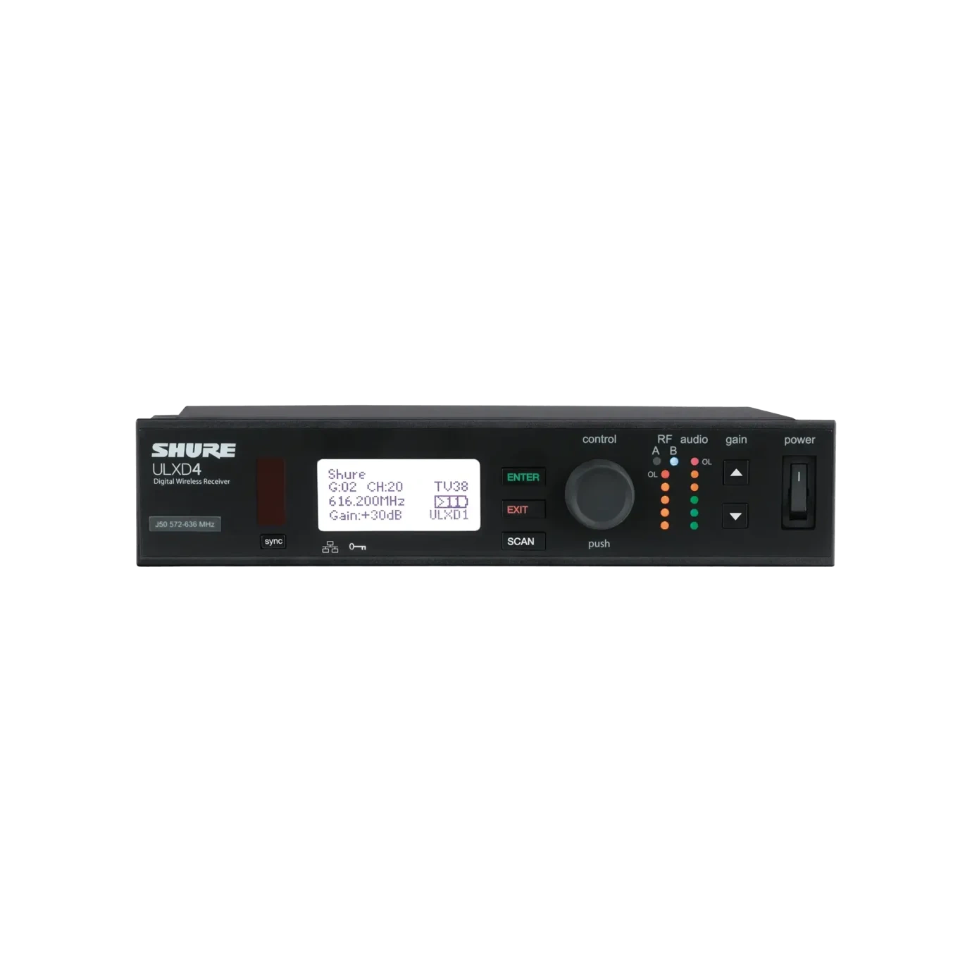 Shure ULXD4-GV Digital Wireless Receiver Front View Shure ULXD4-GV digital wireless receiver with dual-channel display and frequency controls