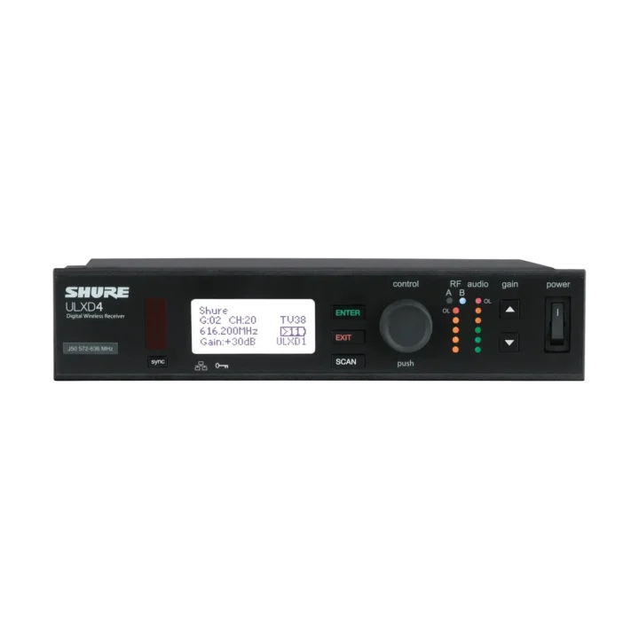 Shure ULXD4 digital wireless receiver with dual-channel display and frequency controls