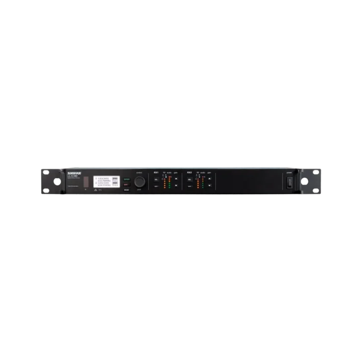 Shure ULXD4D-GV dual-channel digital wireless receiver with front panel controls and display screen