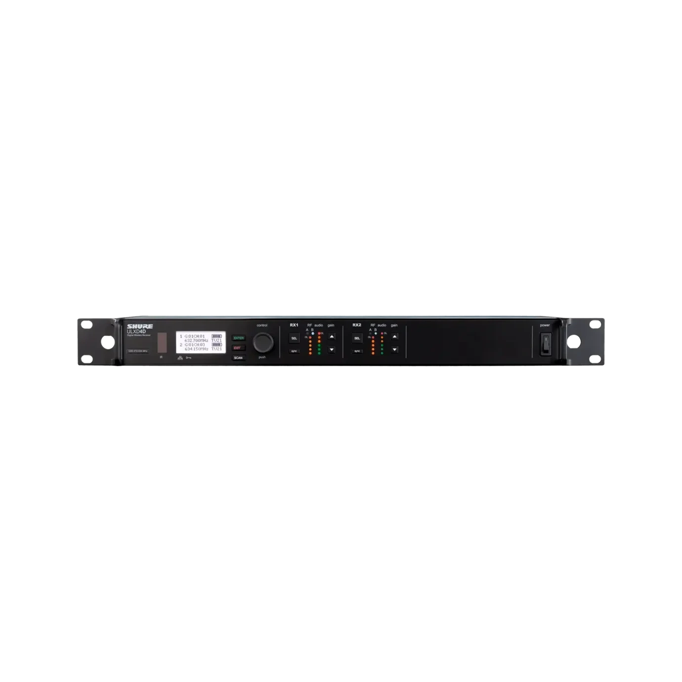Shure ULXD4D-GV Dual-Channel Digital Wireless Receiver Front Shure ULXD4D-GV dual-channel digital wireless receiver with front panel controls and display screen