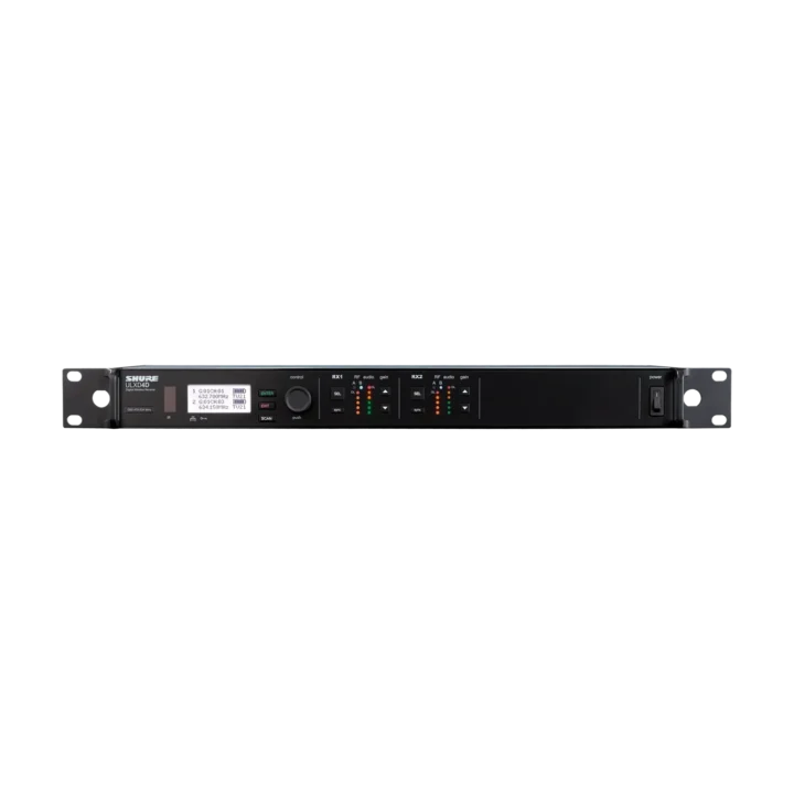 Shure ULXD4D dual-channel digital wireless receiver with LCD display and control buttons, G57 frequency band