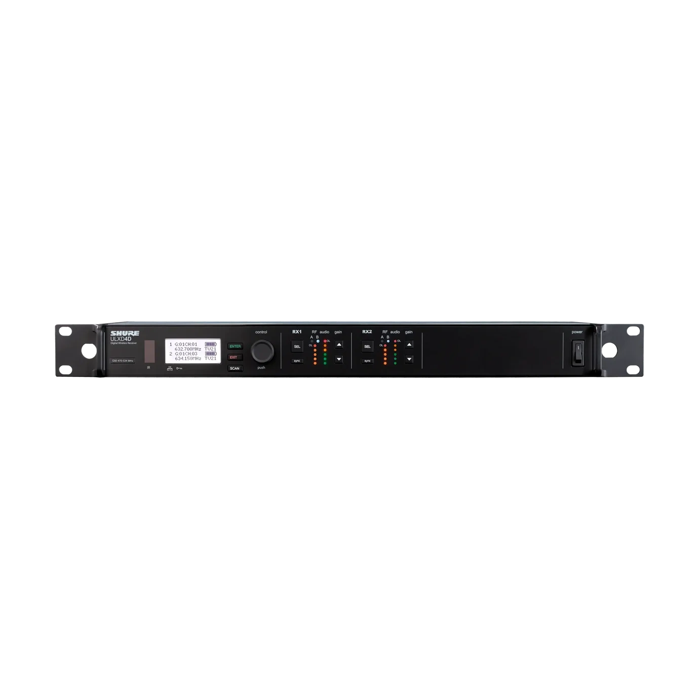 Shure ULXD4D Dual-Channel Digital Wireless Receiver Front Shure ULXD4D dual-channel digital wireless receiver with LCD display and control buttons, G57 frequency band
