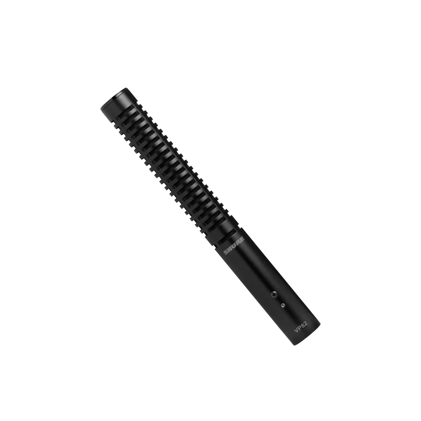 Shure VP82 Short Shotgun Microphone Front View Shure VP82 short shotgun microphone with windscreen and shock mount assembly