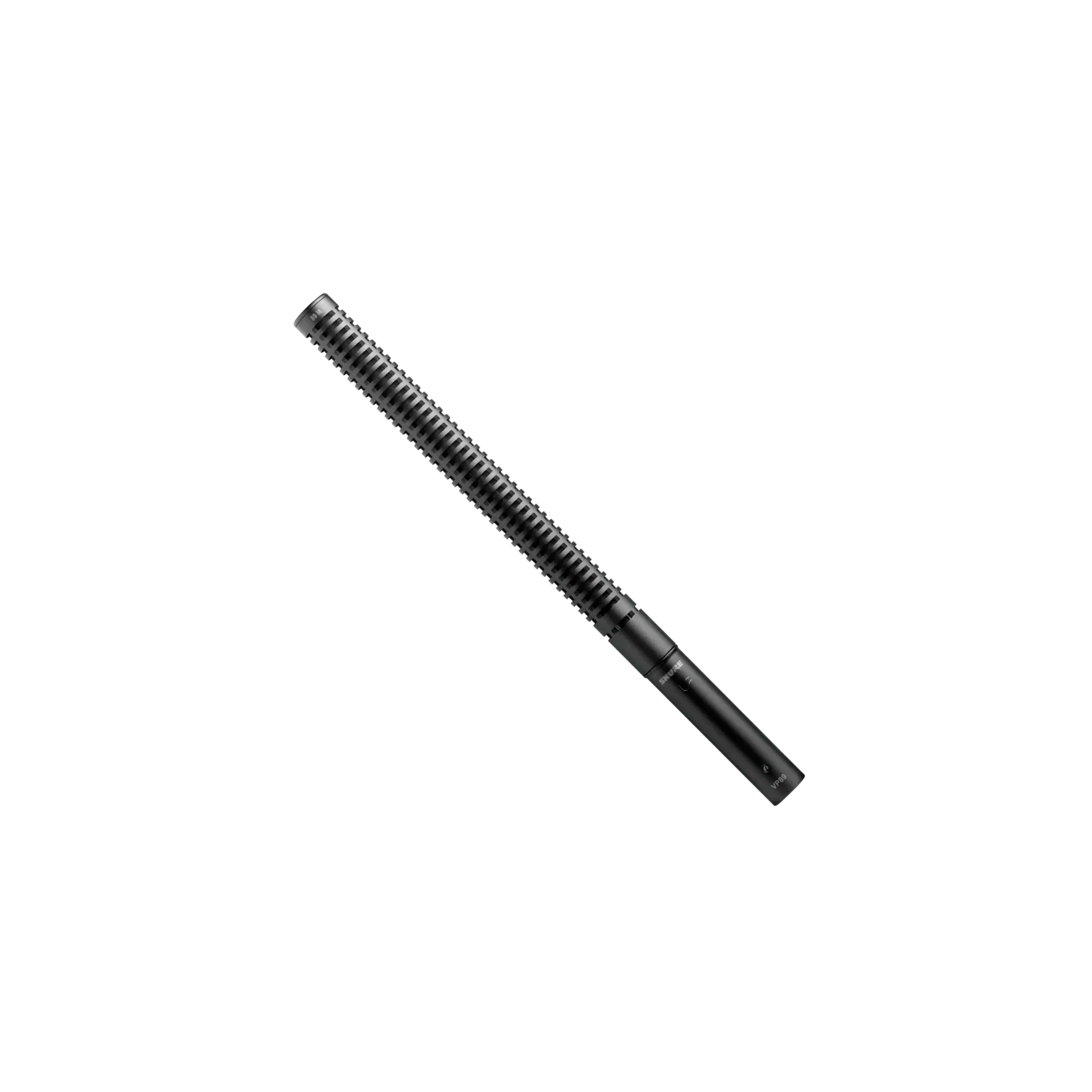 Shure VP89 Premium Modular Shotgun Microphone Front View Shure VP89 premium modular shotgun microphone with black finish and integrated shock mount