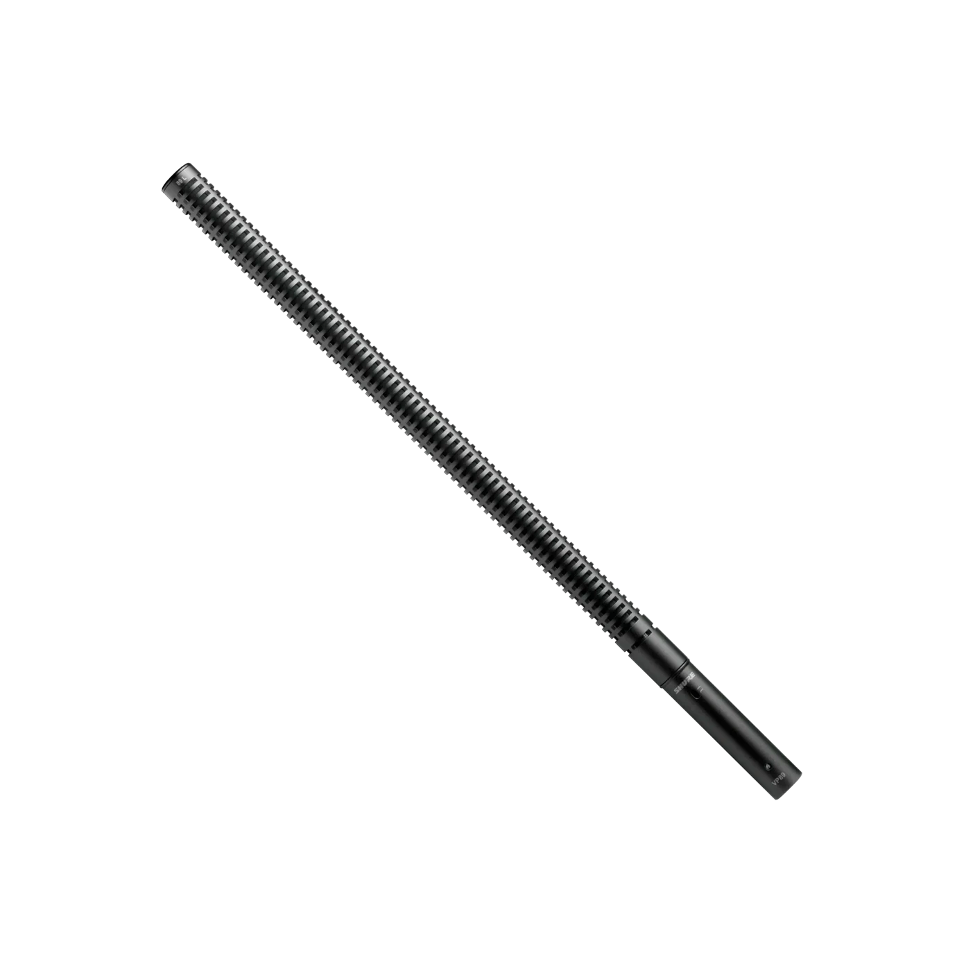 Shure VP89 Premium Modular Shotgun Microphone Front View Shure VP89 premium modular shotgun microphone with black finish and professional XLR connector