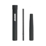 Shure VP89 shotgun microphone shown from side angle displaying barrel and mounting hardware