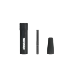 Shure VP89 shotgun microphone shown from side angle displaying barrel and mounting hardware