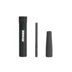 Shure VP89 shotgun microphone shown from side angle displaying modular construction and professional audio design