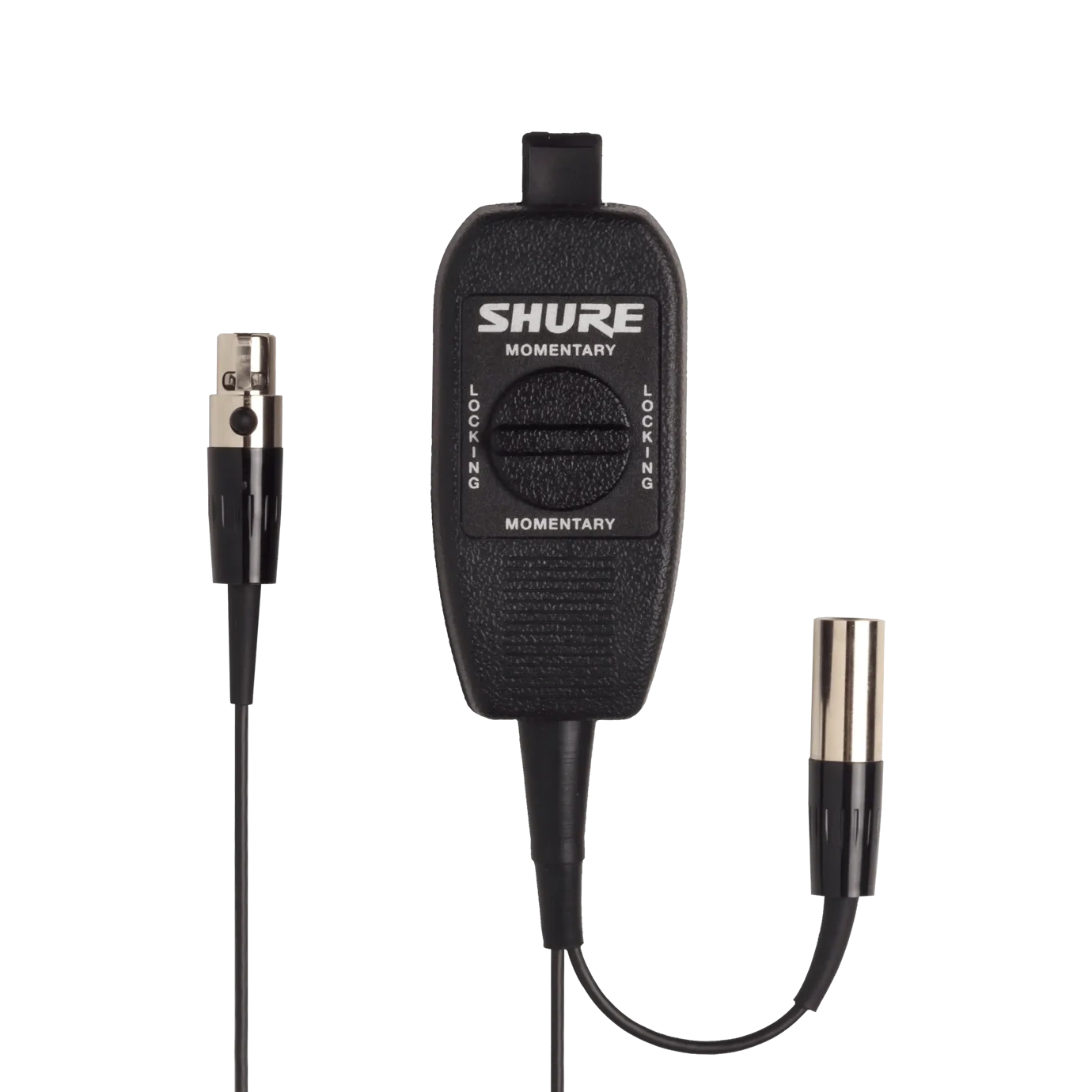 Shure WA360 In-Line Audio Mute Switch Front View Shure WA360 in-line audio mute switch with toggle control and XLR connectors