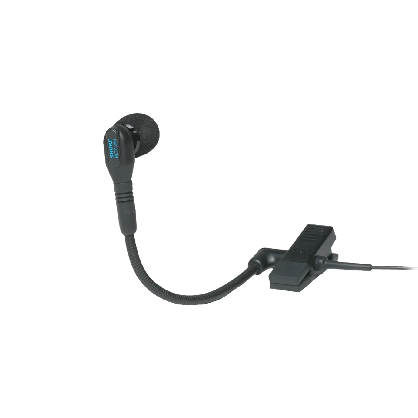 Shure WB98H/C Instrument Microphone Front View Shure WB98H/C condenser instrument microphone with clip mount and windscreen