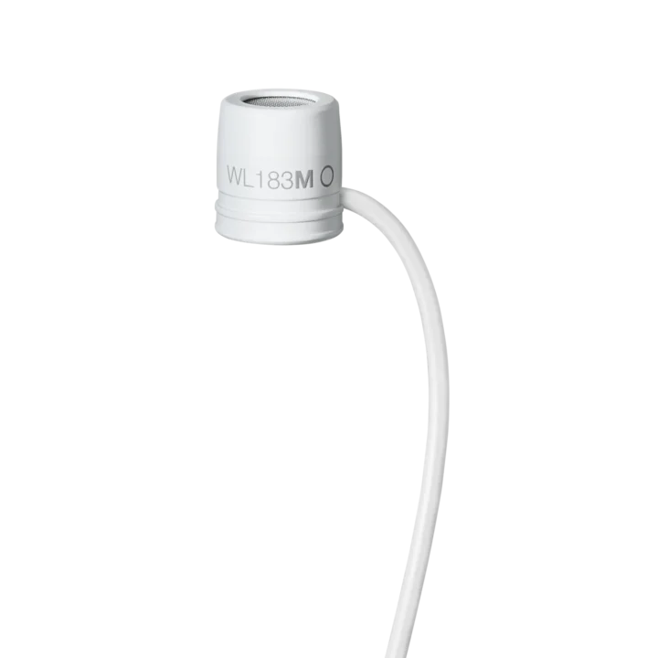 Shure WL183M white omnidirectional lavalier microphone with TA4F connector front view
