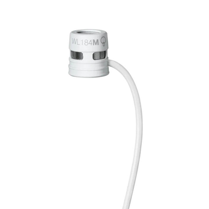 Shure WL184M white supercardioid lavalier microphone with LEMO connector front view