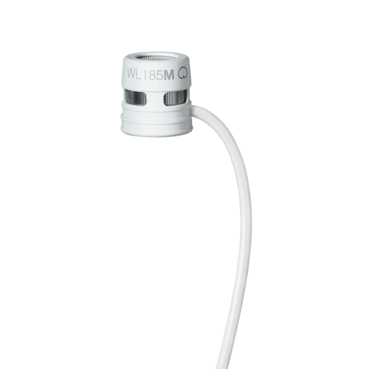 Shure WL185M white cardioid lavalier microphone with TA4F connector, front view