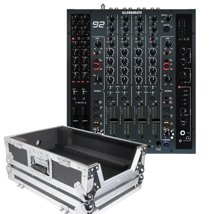 Allen & Heath XONE:92 MK2 analog four-channel DJ mixer showing side panel and connectivity ports and prox flight case