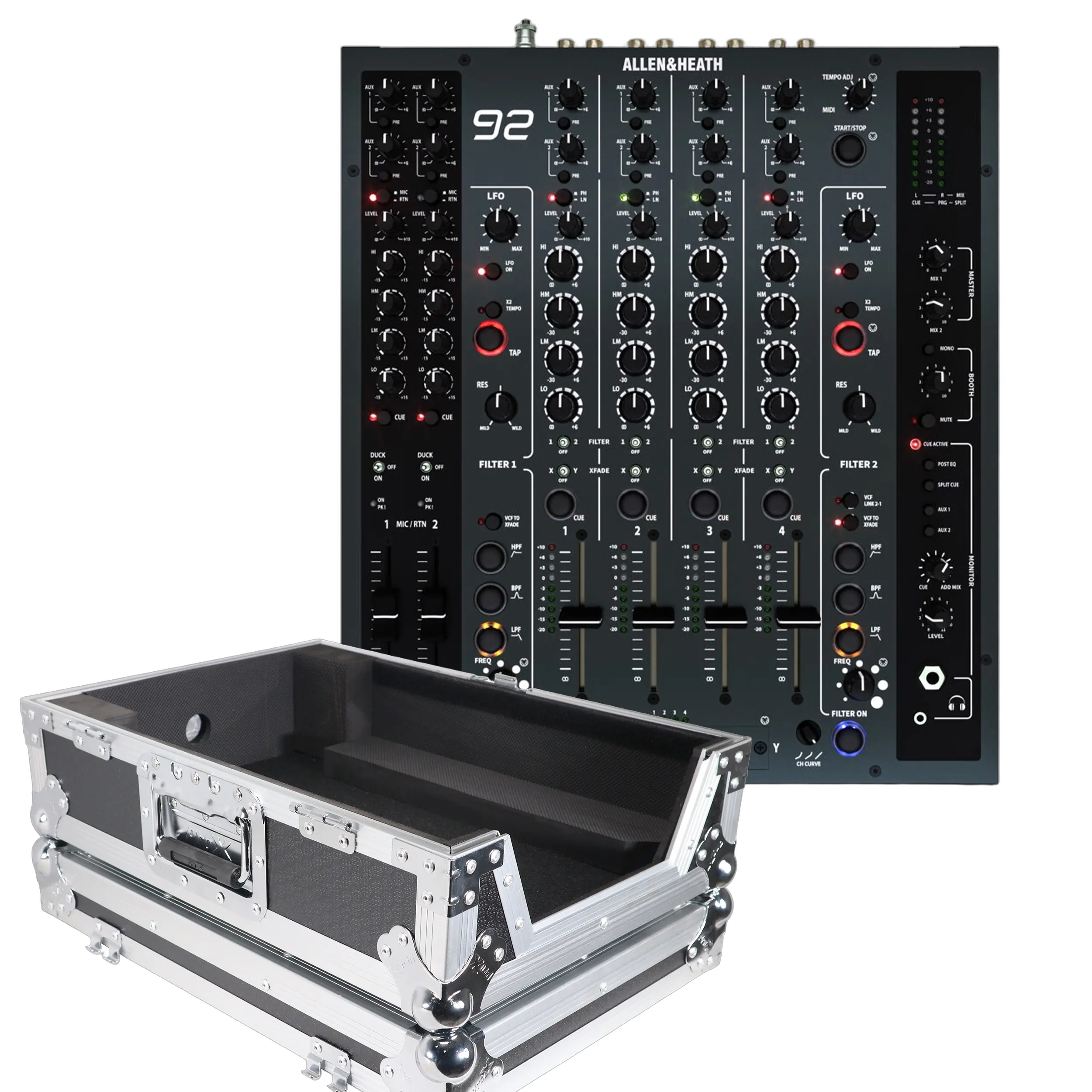 Allen-&-Heath-Xone92-mk2-Analog-mixer-&-ProX-Flight-Case-Bundle Allen & Heath XONE:92 MK2 analog four-channel DJ mixer showing side panel and connectivity ports and prox flight case