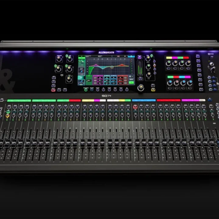 Allen & Heath SQ7+ digital mixer dimensional diagram showing width, depth, and height measurements