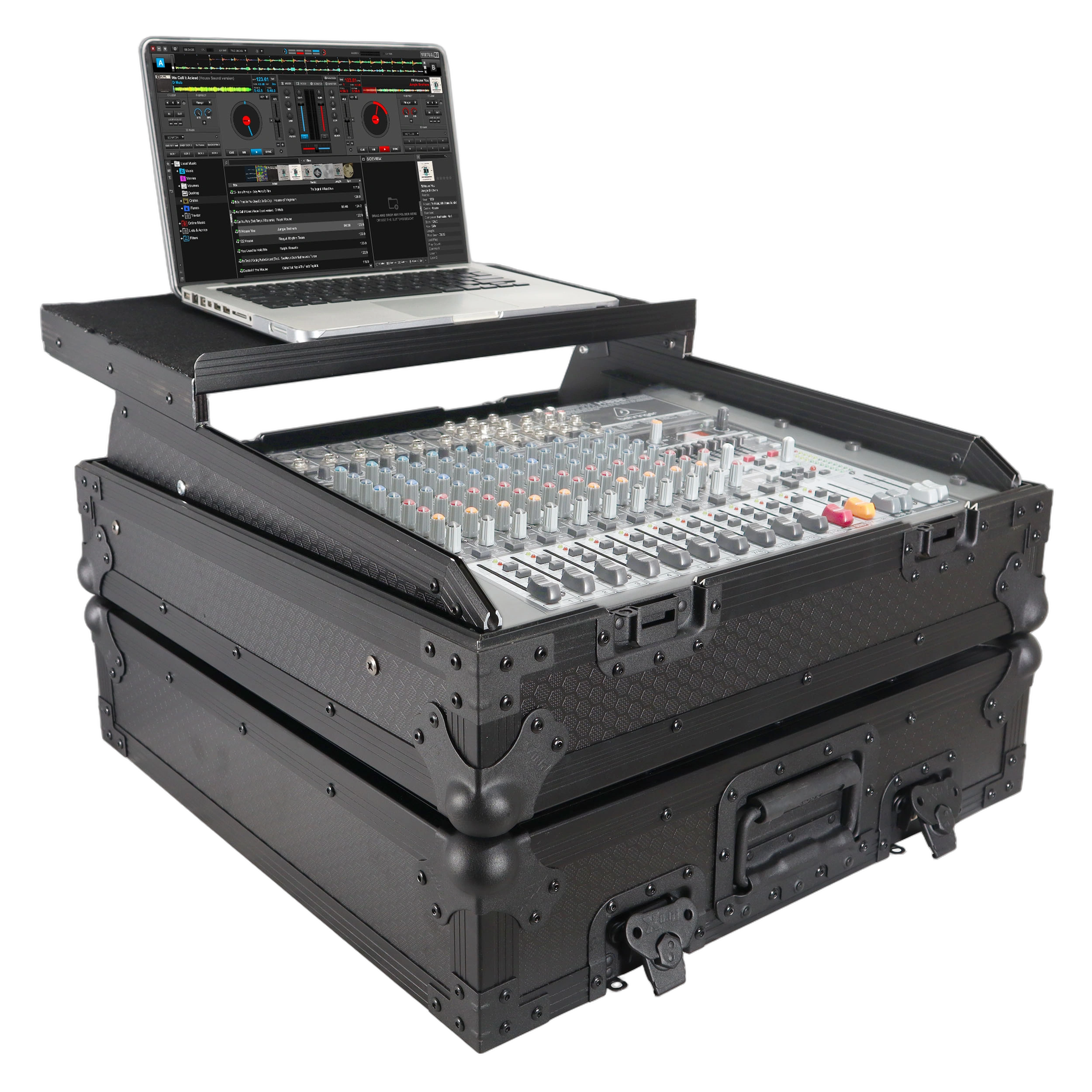 ProX 10U Top Mount 19 Inch Slanted Mixer Case ProX 10U top mount 19 inch slanted black mixer case front view with handles
