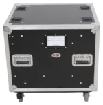 ProX 10U 20 inch deep vertical rack shock mount case with sliding slam doors and caster wheels in professional studio setup