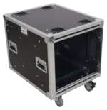 ProX 10U 20 inch deep vertical rack case with dual sliding slam doors and caster wheels side view