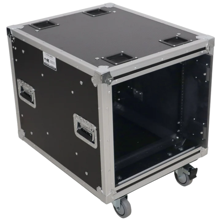ProX 10U 20 inch deep vertical rack case with dual sliding slam doors and caster wheels side view