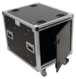 ProX 10U 20 inch deep vertical rack shock mount case with sliding slam doors and caster wheels, side profile