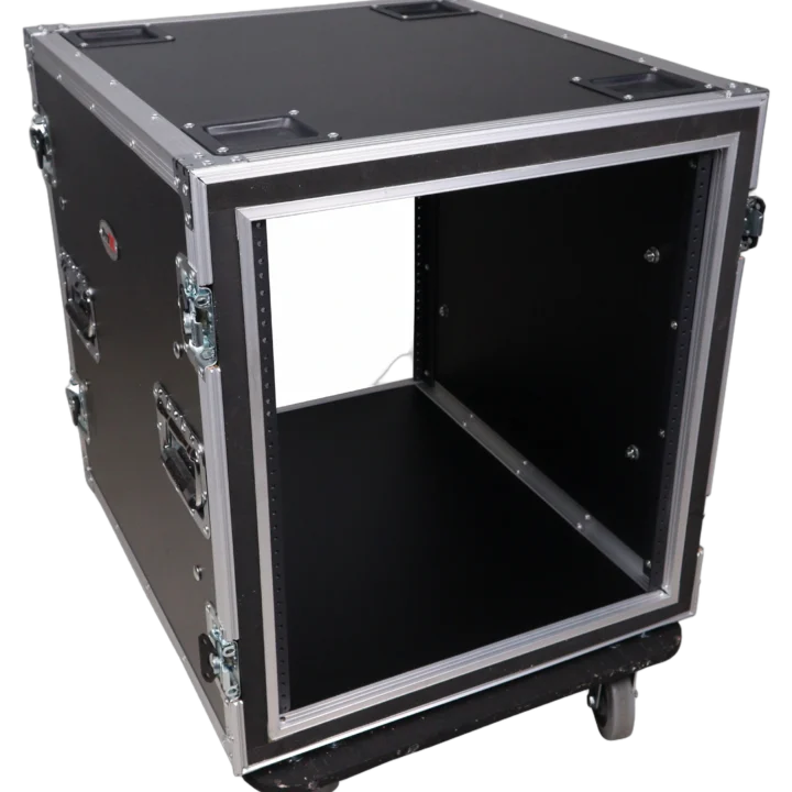 ProX 10U shockproof amp rack ATA flight case with wheels, 24 inch depth, side view showing caster wheels
