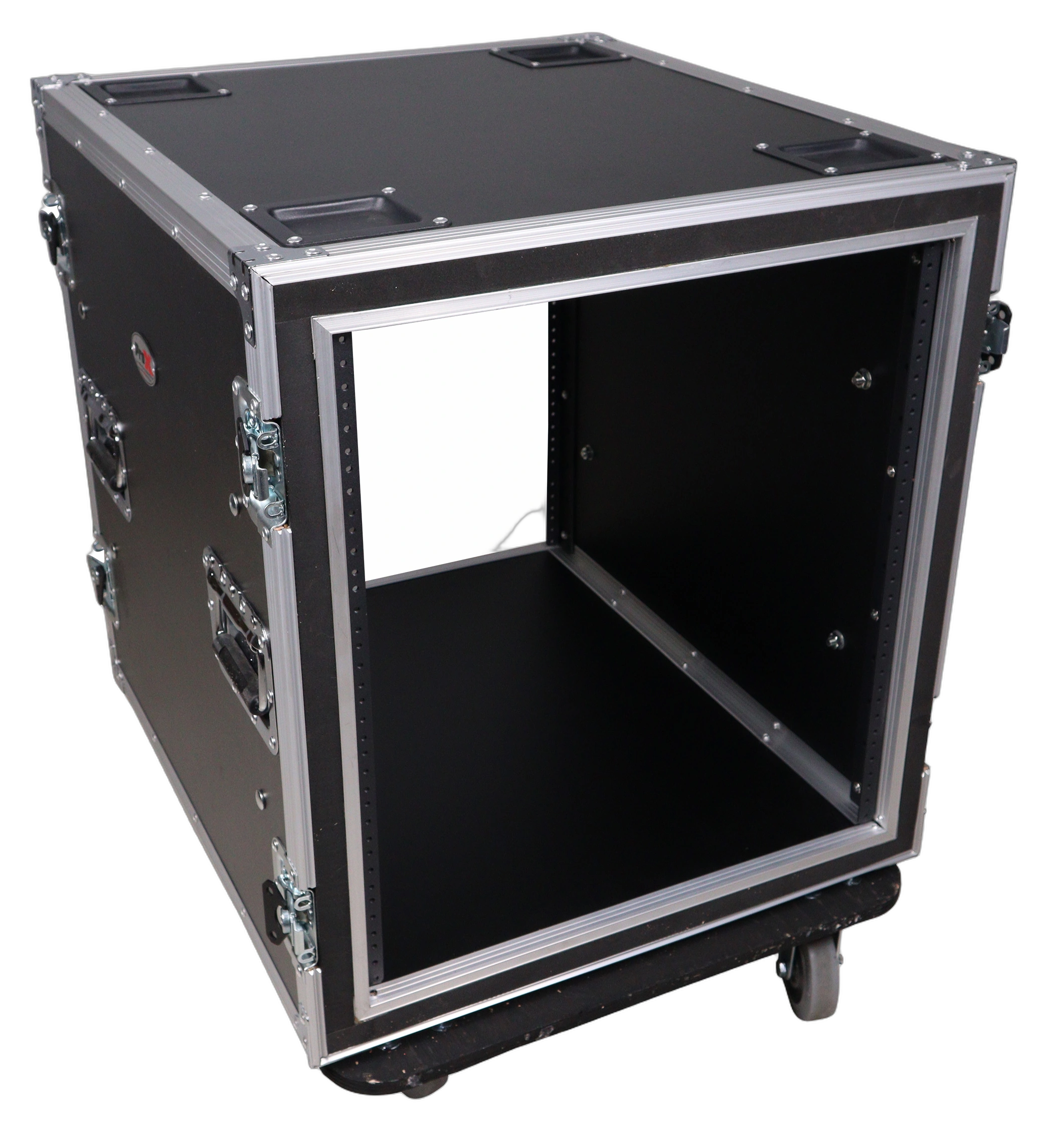ProX 10U Shockproof Amp Rack Flight Case with Casters ProX 10U shockproof amp rack ATA flight case with wheels, 24 inch depth, side view showing caster wheels