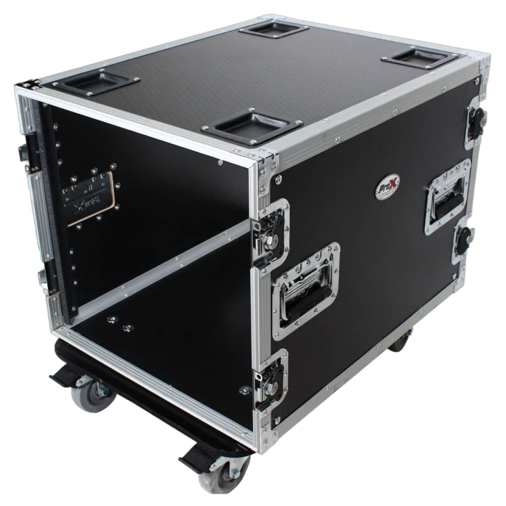 ProX 10U space rack mount flight case with 24 inch depth and rolling casters front view