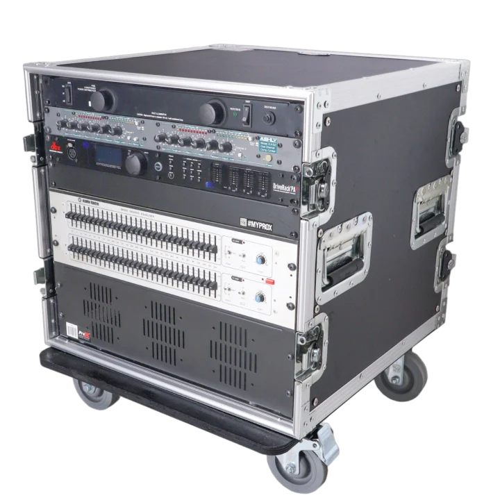 ProX 10U rack space ATA style flight case with 4 inch casters, front view showing handle and latches