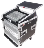 ProX 10U vertical rack mount flight case with caster wheels, laptop shelf, and top mixer combo amp rack