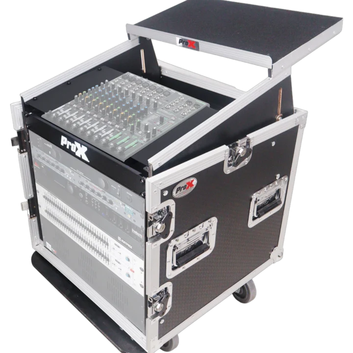ProX 10U vertical rack mount flight case with caster wheels, laptop shelf, and top mixer combo amp rack