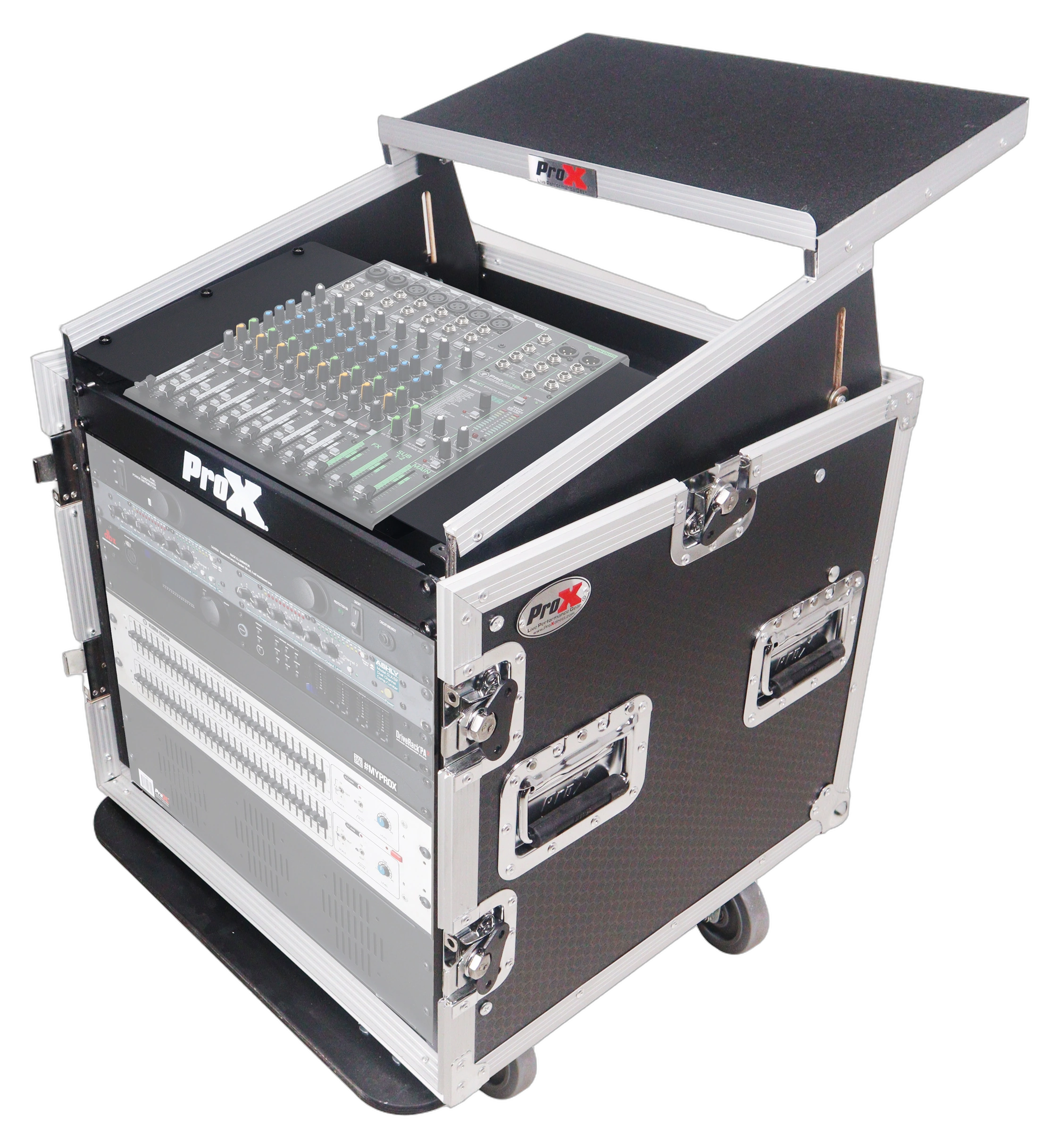 ProX 10U Vertical Rack Mount Flight Case Front View ProX 10U vertical rack mount flight case with caster wheels, laptop shelf, and top mixer combo amp rack