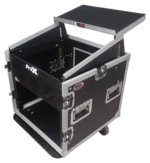 ProX 10U vertical rack mount flight case with laptop shelf, mixer combo amp rack, and caster wheels side view
