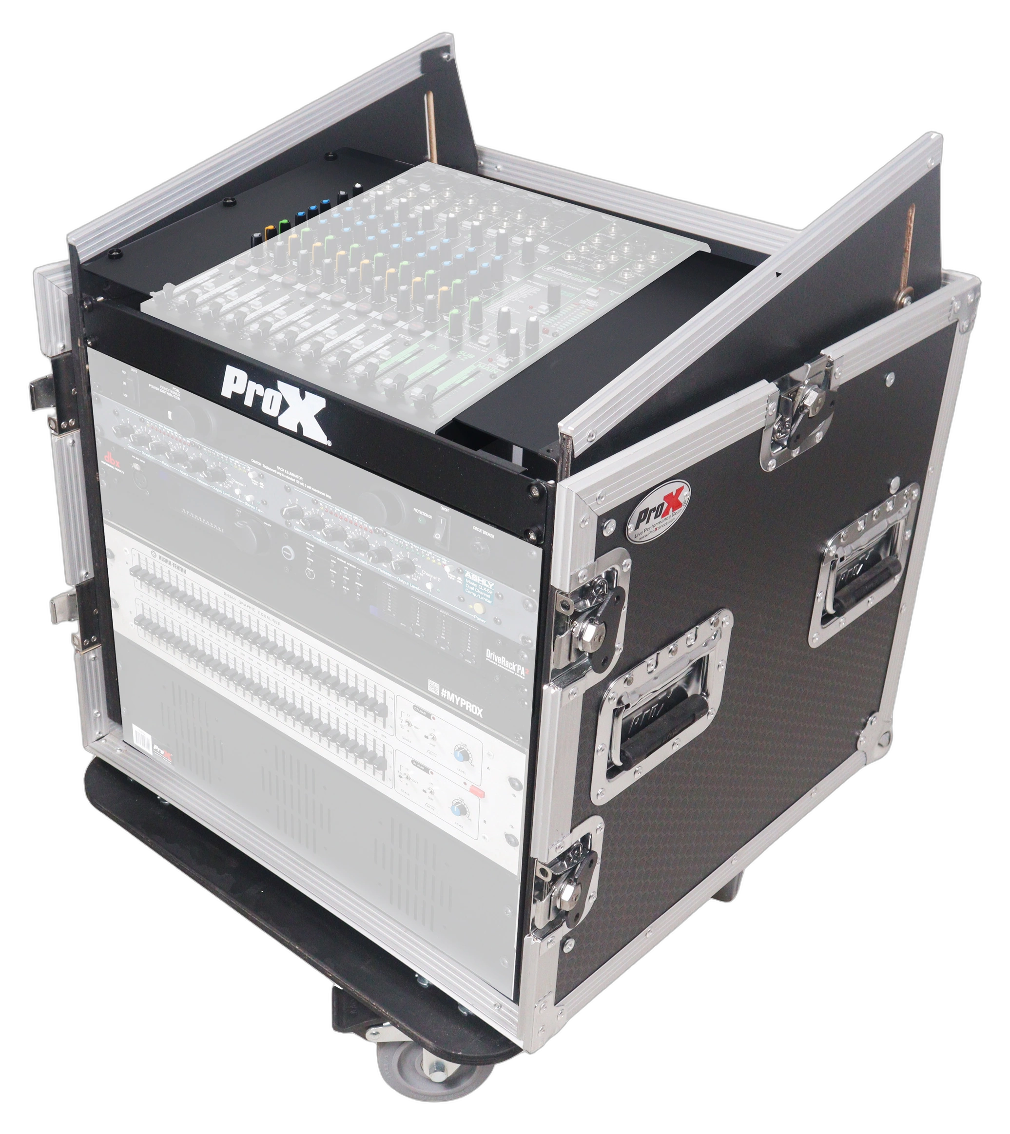 ProX 10U Vertical Rack Mount Flight Case Front View ProX 10U vertical rack mount flight case with caster wheels and top mixer combo amp rack