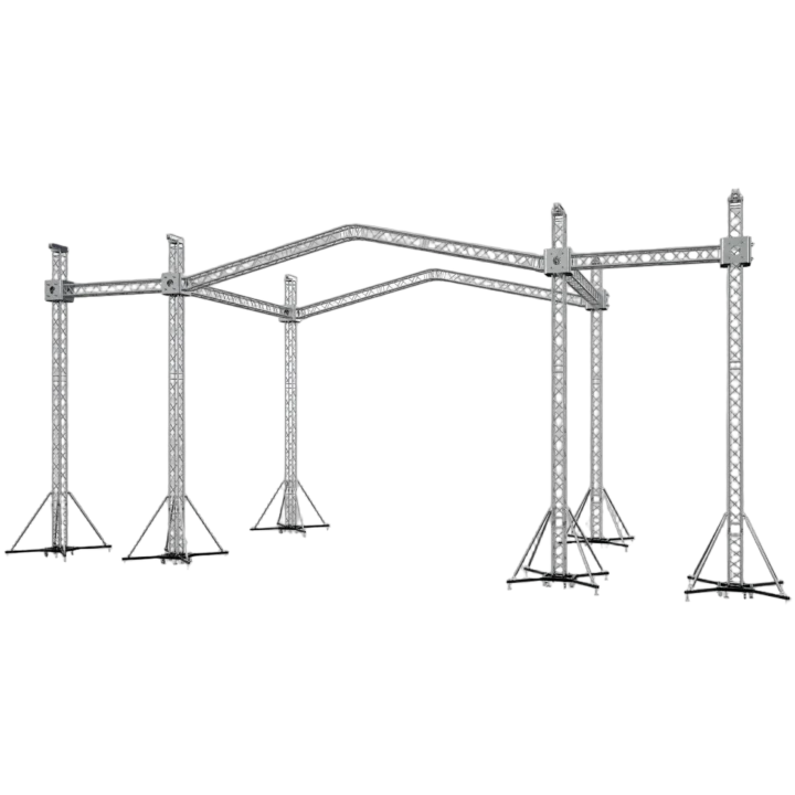 ProX 12D PR2 stage roofing system with speaker wings and chain hoists, front angle view