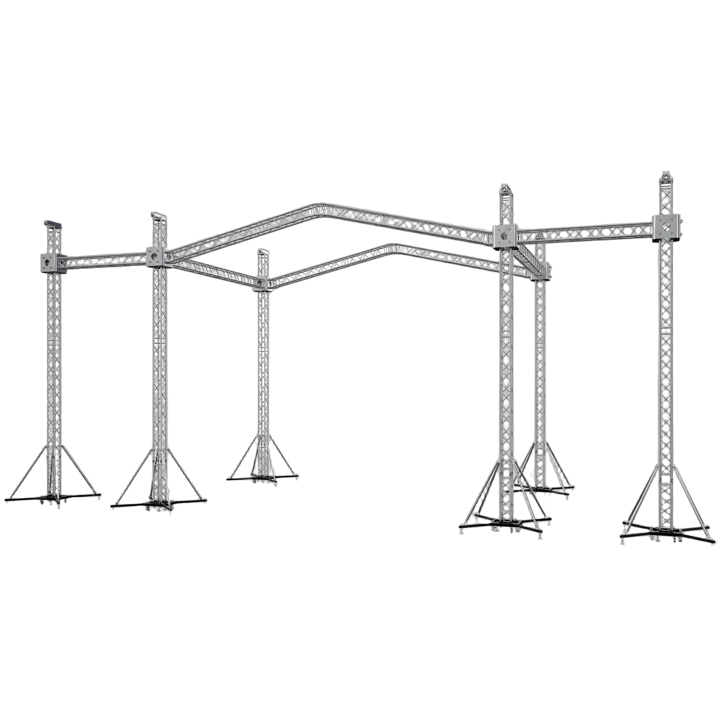 ProX 12D PR2 Stage Roofing System Front View ProX 12D PR2 stage roofing system with speaker wings and chain hoists, front angle view