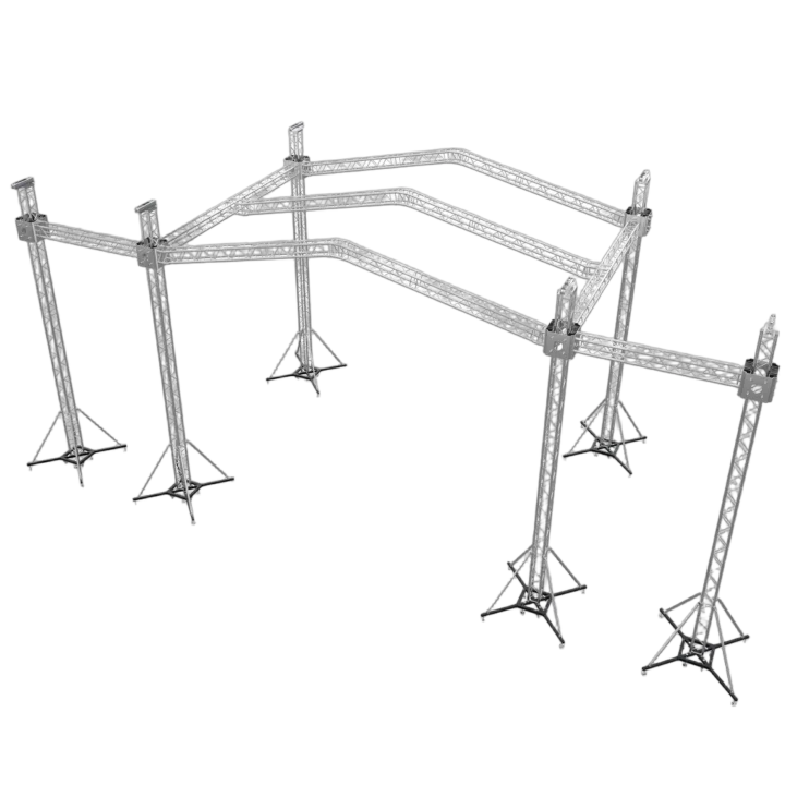 ProX 12D PR3 stage roofing system with speaker wings and chain hoists, front angle view