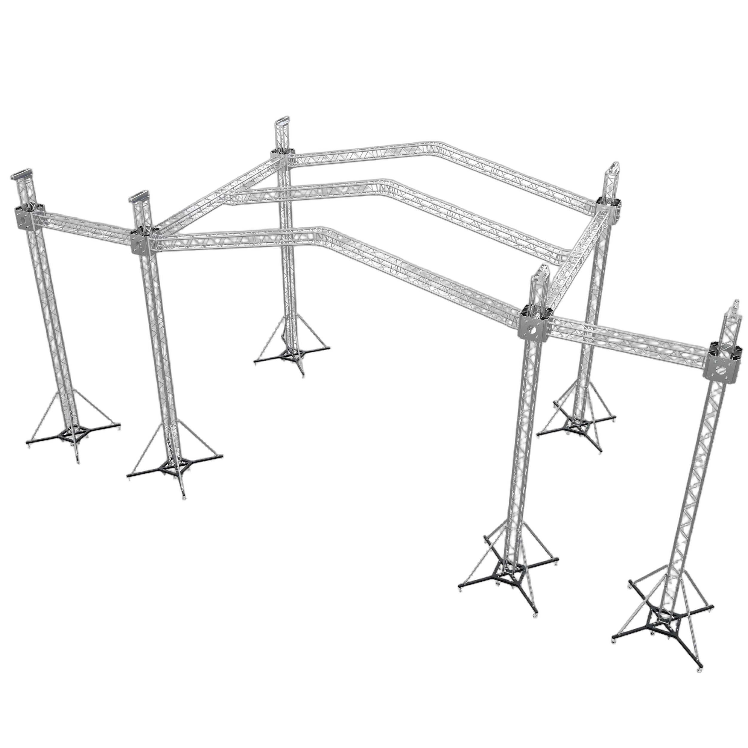 ProX 12D PR3 Stage Roofing System Front View ProX 12D PR3 stage roofing system with speaker wings and chain hoists, front angle view