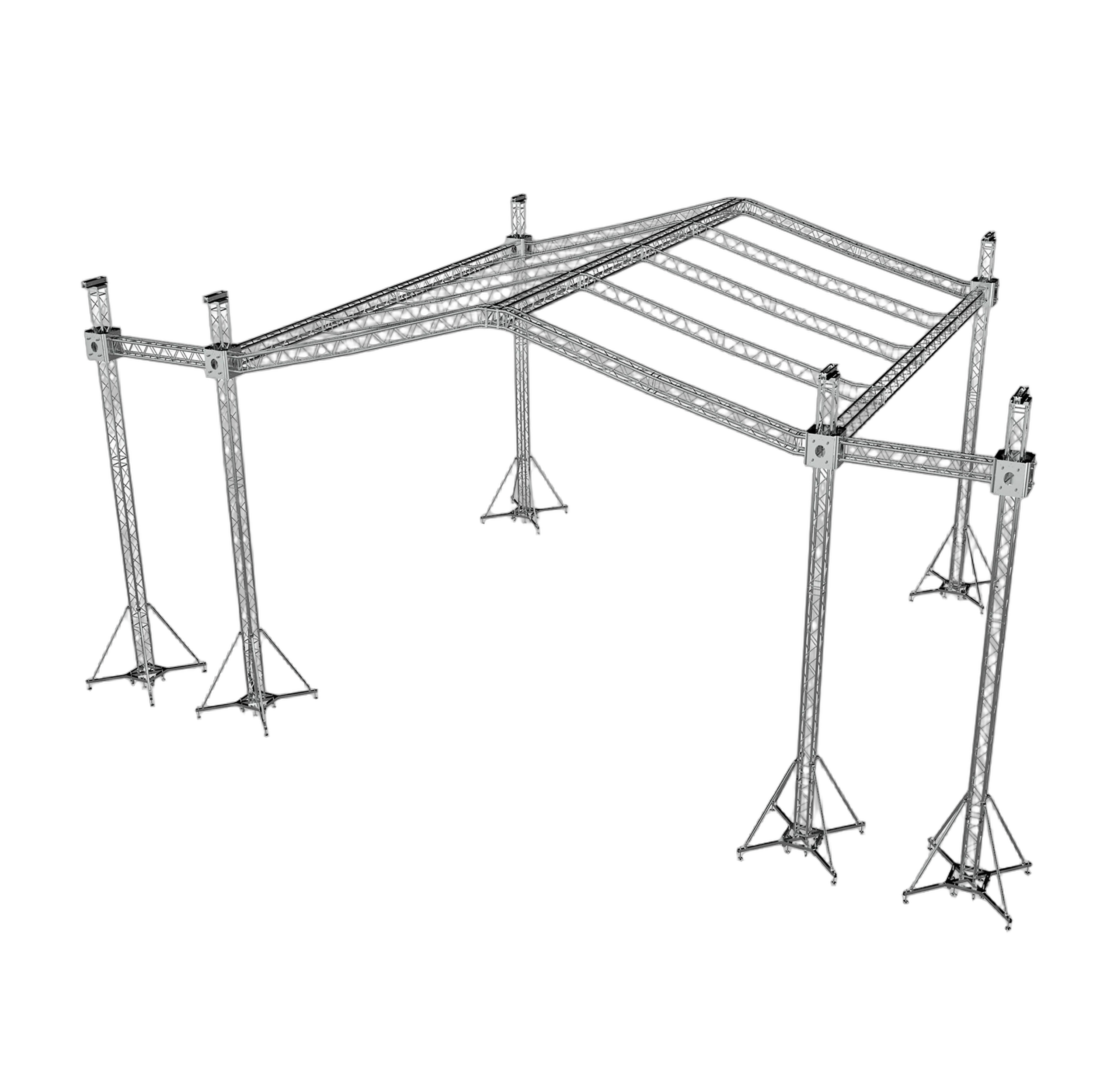 ProX 12D Stage Roofing Truss System with Speaker Wings ProX 12D stage roofing truss system with speaker wings mounted, professional stage setup