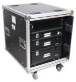 ProX 12U 20 inch deep vertical rack case with sliding slam doors and caster wheels front view