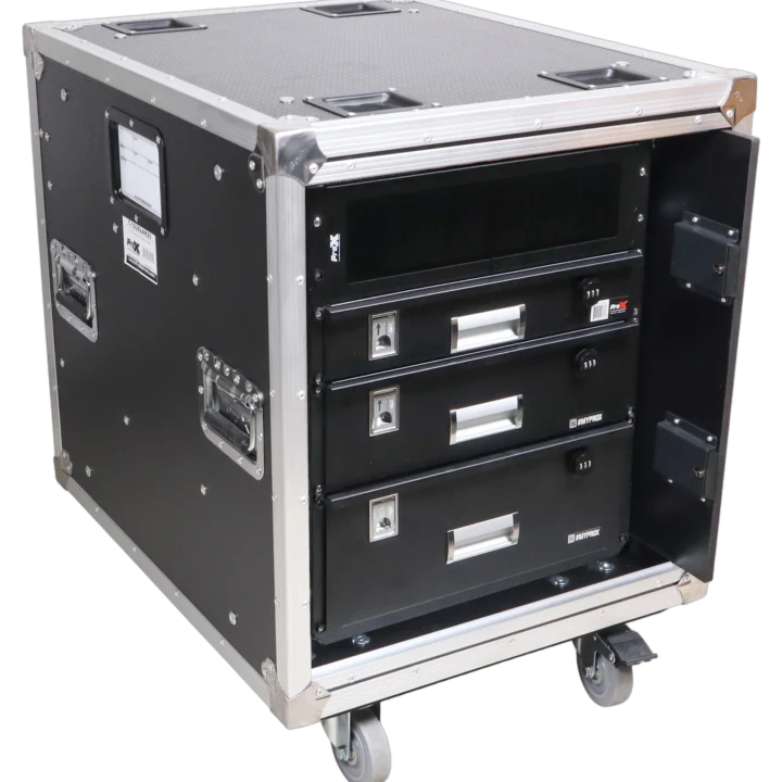 ProX 12U 20 inch deep vertical rack case with sliding slam doors and caster wheels front view