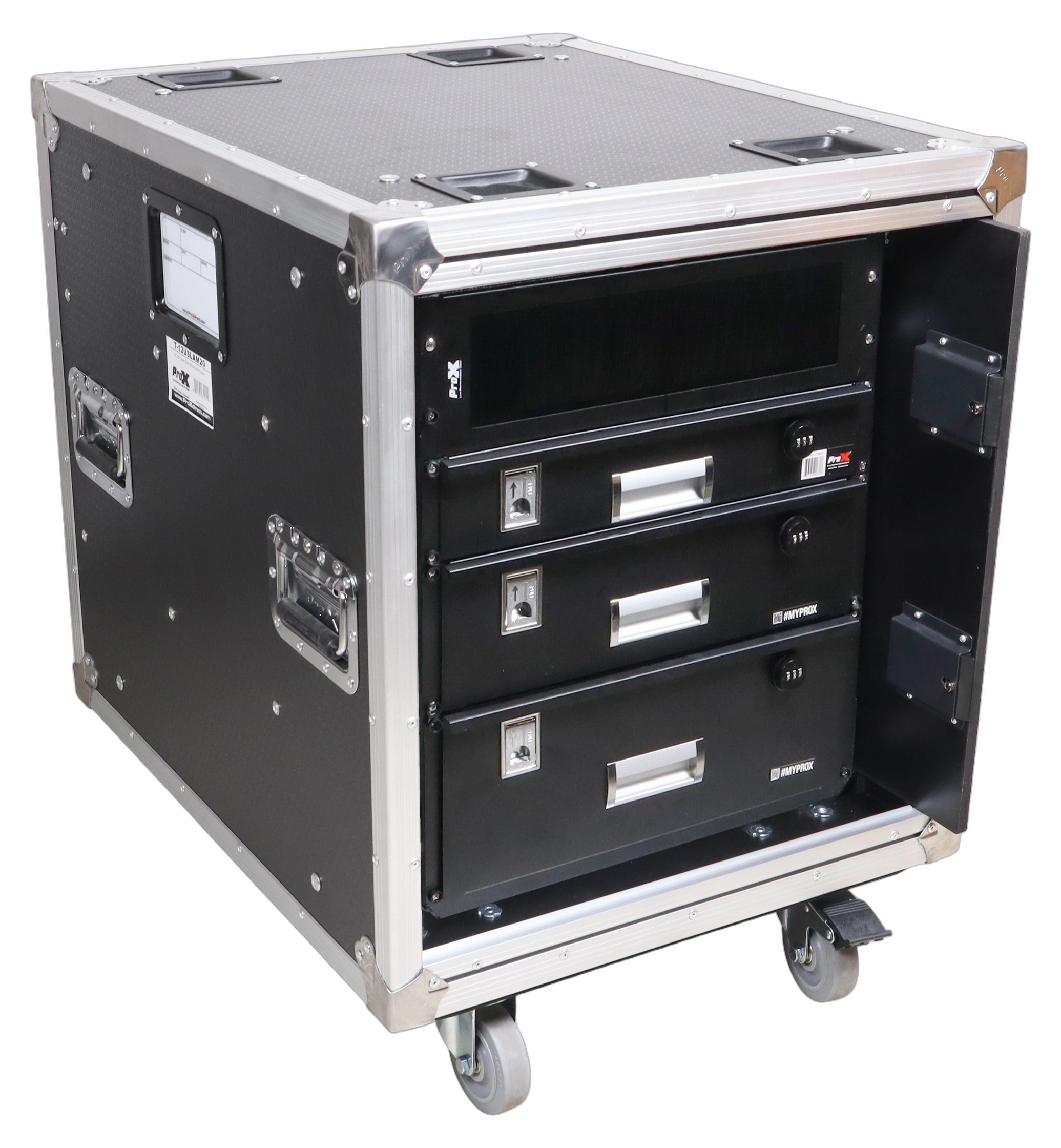 ProX 12U 20 Inch Vertical Rack Case with Slam Doors ProX 12U 20 inch deep vertical rack case with sliding slam doors and caster wheels front view