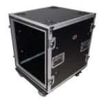 ProX 12U shockproof amp rack ATA flight case with caster wheels in professional studio setup