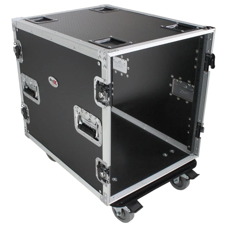 ProX 12U space amp rack mount ATA flight case with 24 inch depth and casters, side profile view